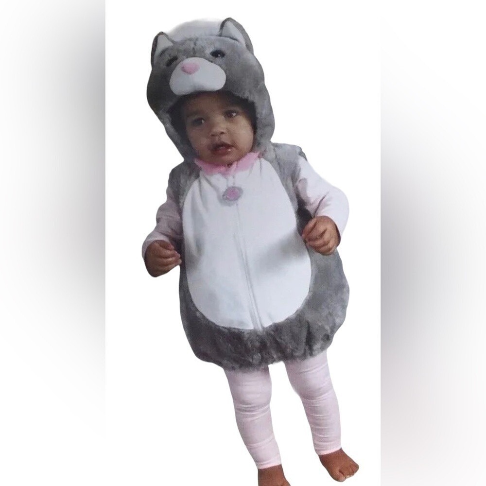 TJX Grey Plush Kitty Cat Faux Fur Hooded Halloween Costume Baby 12M